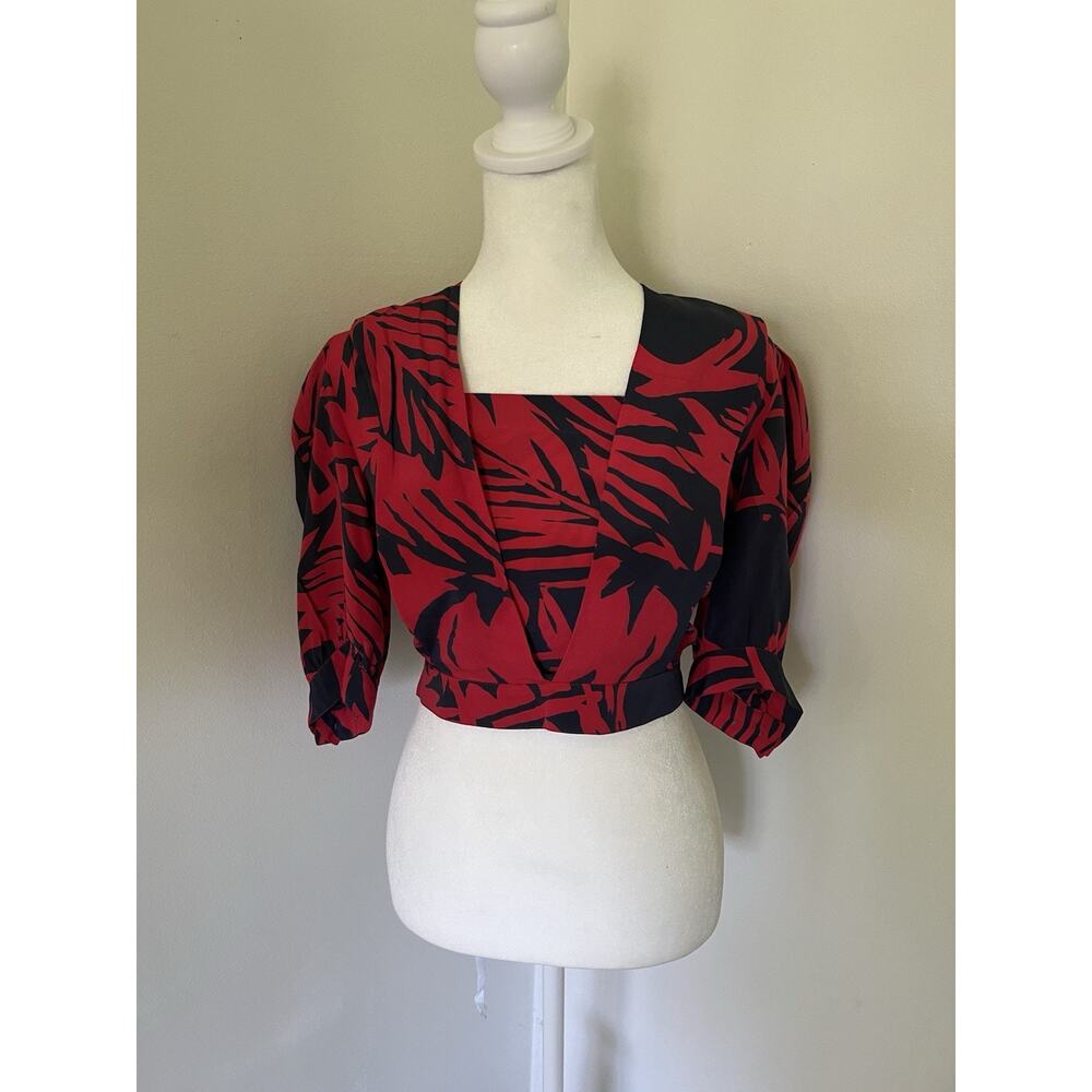 VTG Christian Dior Sportswear Size 10 Printed Silk Cropped Blouse Tropical Red - Picture 9 of 9